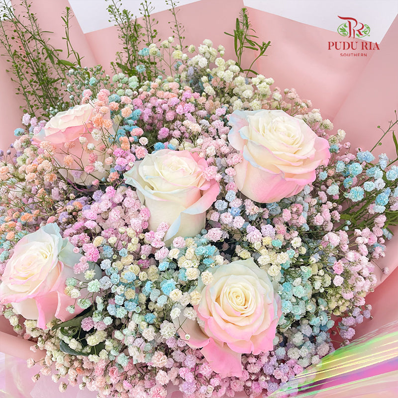 5 Stems Mondial Rose & Baby Breath Rainbow Bouquet