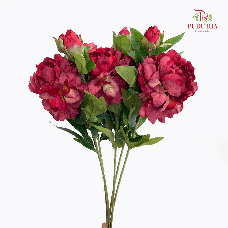 CNY Artificial Peony Spray 63cm Red - (5 Stems)