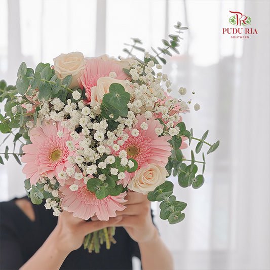 Cream Rose & Pink Gerbera Wedding Bouquet