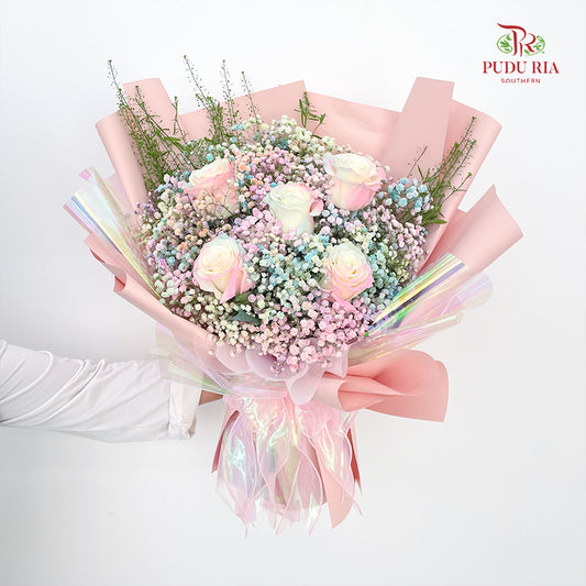 5 Stems Mondial Rose & Baby Breath Rainbow Bouquet