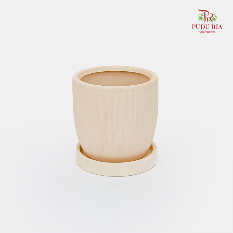 White Clay Pot With Tray - Water Ripple